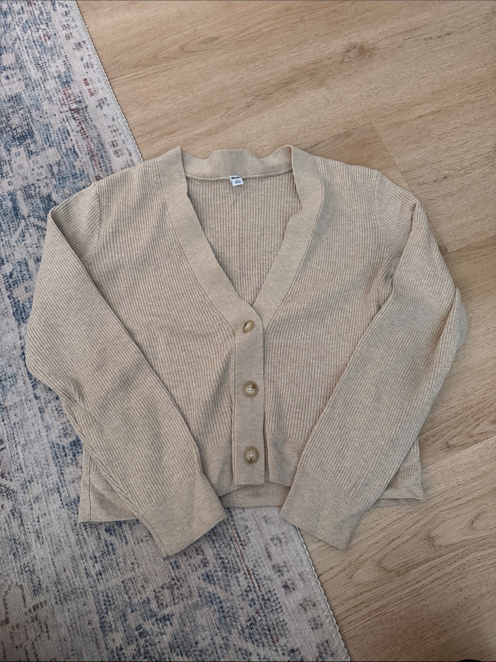 Uniqlo Beige V-Neck Button Front Ribbed Cardigan
